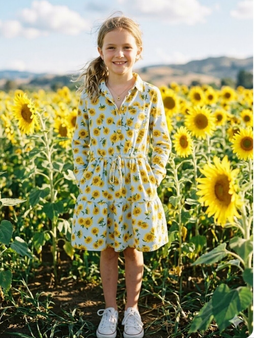 Lands' End Light Blue Sunflower-Print Cotton Girls Casual  Dress Sz  S(6-7)